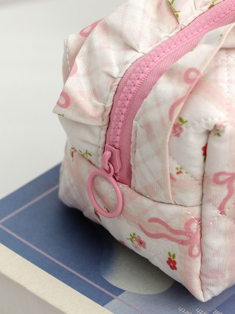 Bow Cherry Kosmetiktasche aus Stoff, große Kapazität, gesteppt, Aufbewahrungstasche für Hautpflegeprodukte, tragbare Reisetasche_voghion.com