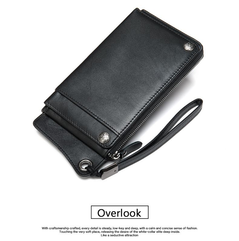 Men's Genuine Leather Long Wallet With Wrist Strap – Large Capacity Multi-Card Holder Slim Phone Case, Premium Cowhide, Minimalist Design_voghion.com