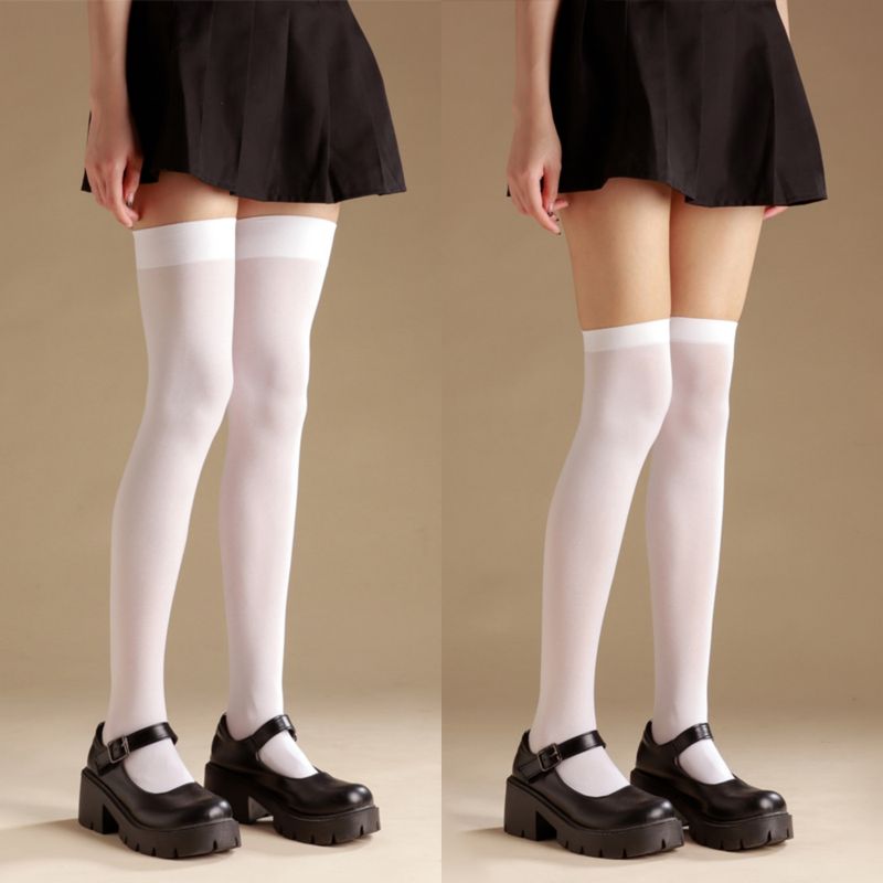 Calze bianche antiscivolo in silicone extra lunghe sopra il ginocchio, calzini a metà polpaccio JK_voghion.com