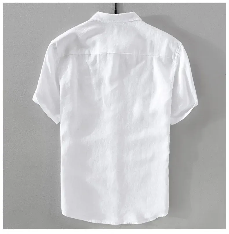 Camicia casual da uomo a maniche corte in puro lino, tessuto di cotone e lino, colore bianco, abbigliamento estivo traspirante, mezza manica_voghion.com