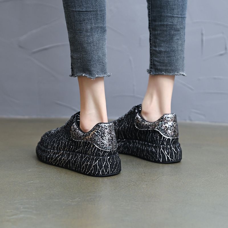 Stylish Rhinestone Embellished Low-Top Sneakers For Women – Breathable Fabric, Chunky Platform, Lace-Up Design, Casual & Trendy_voghion.com