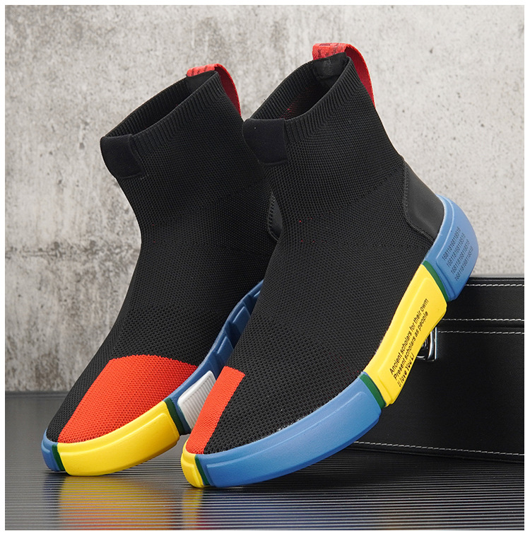 High Top Socks Shoes For Men 2023 Autumn New Trendy Breathable Knitted Slip On Sneakers Thick Sole Color Matching Trendy Shoes_voghion.com
