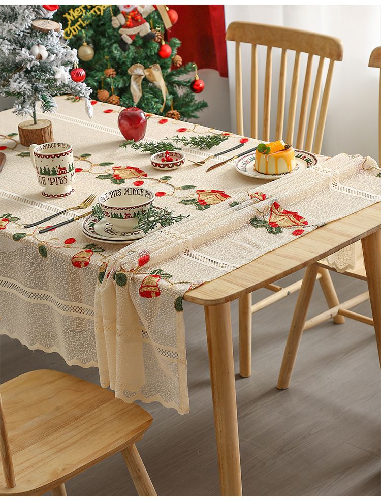 Christmas Tablecloth Red Lace Table Runner – Elegant Holiday Dining Decor, Polyester Table Cover For Christmas Dinner, Coffee Table_voghion.com