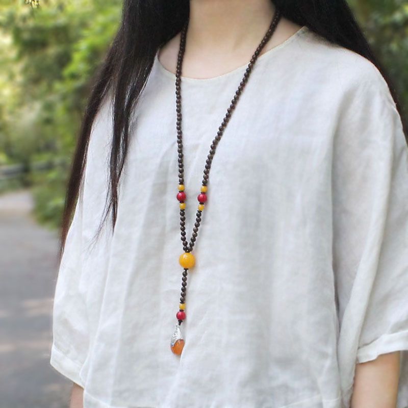 Collana con perline buddiste in legno di wengè in stile etnico, ciondolo per abbigliamento in cotone e lino, accessori da donna semplici_voghion.com