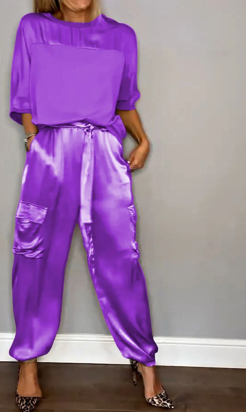 Women's Clothing Fashion Women's Smooth Satin Half sleeved Top and Pants Set Two piece Set_voghion.com