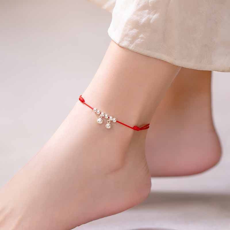 Cavigliera per donna in corda rossa con campanella e suono dell'acqua, sexy, semplice, antica, stile Mori, intrecciata a mano_voghion.com