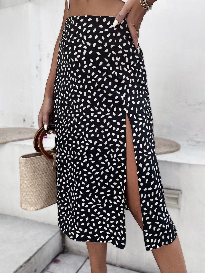 hot selling Y2k Skirts Korean Reviews Many Clothes Summer Dress Mid-rise A-Line Midi Frock Dot Print Side Split Hem Skirt Daily_voghion.com