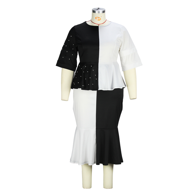 black and white contrasting color stitching beaded top fishtail skirt plus size suit_voghion.com