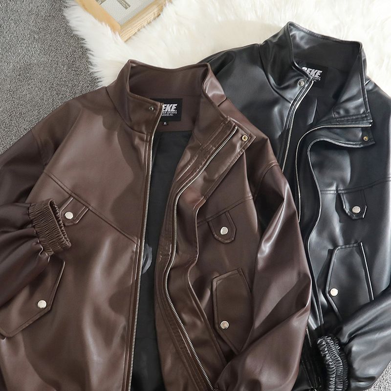 Suitable For All Seasons American Style PU Cool Handsome Flight Jacket Streetwear Motorcycle Sheepskin Pattern Coat Men Autumn Winter Trendy_voghion.com