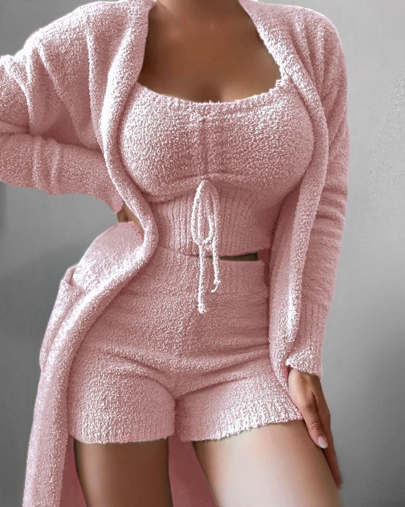 Women's 3-Piece Lace-Up Pajama Set – Soft Plush Lounge Wear (Short/Trousers, 9 Colors) | Home & Sleepwear_voghion.com