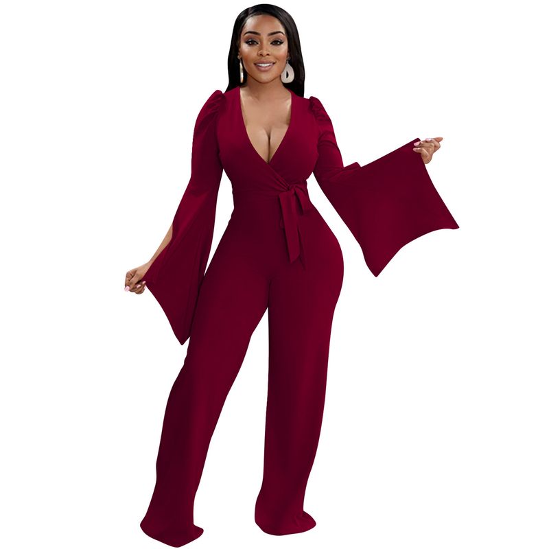 Dametøj nyt produkt ensfarvet sexet dyb V-rem plisseret brede ærmer lange bukser jumpsuit til kvinder_voghion.com