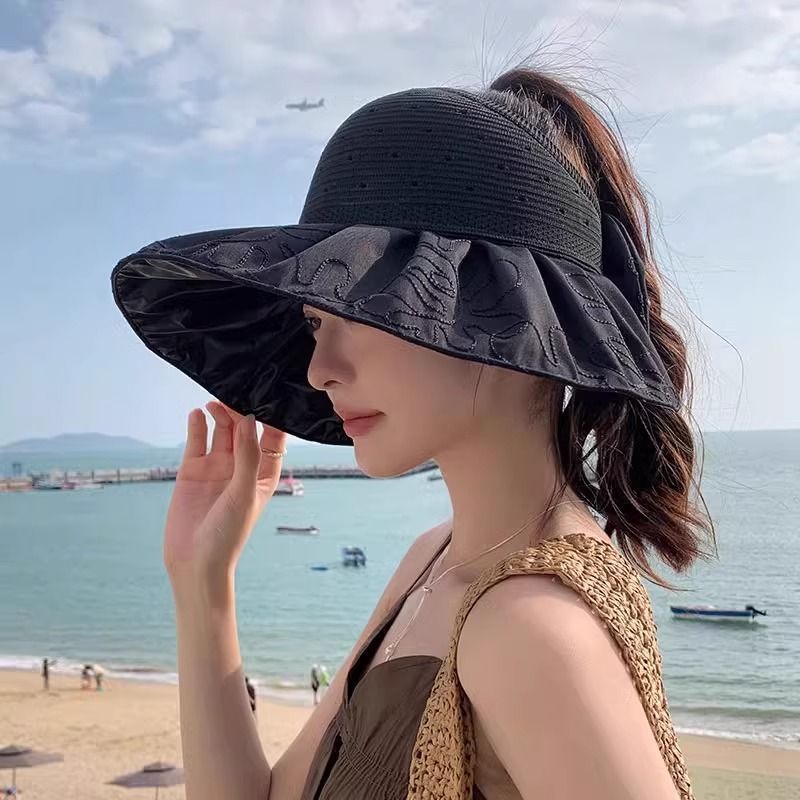 Cappello da sole da donna con protezione UV, per le vacanze al mare, con possibilità di annodare la coda di cavallo, cappello a cilindro vuoto, versatile cappello da sole con tesa larga_voghion.com
