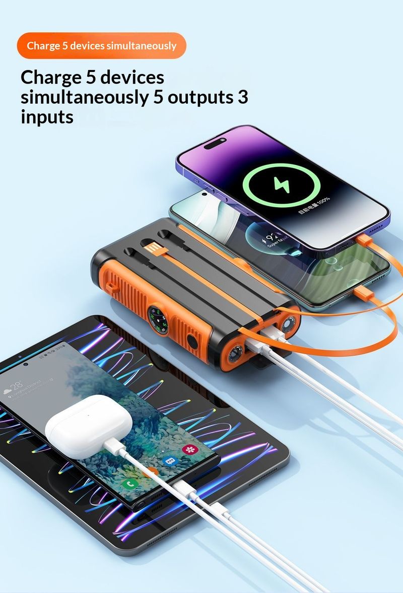 50704555550<=3 Outdoor Waterproof Hand-cranked Dual Light Solar 30000mAh Power Bank With Built-in Cable Portable Magnetic Wireless Fast_voghion.com