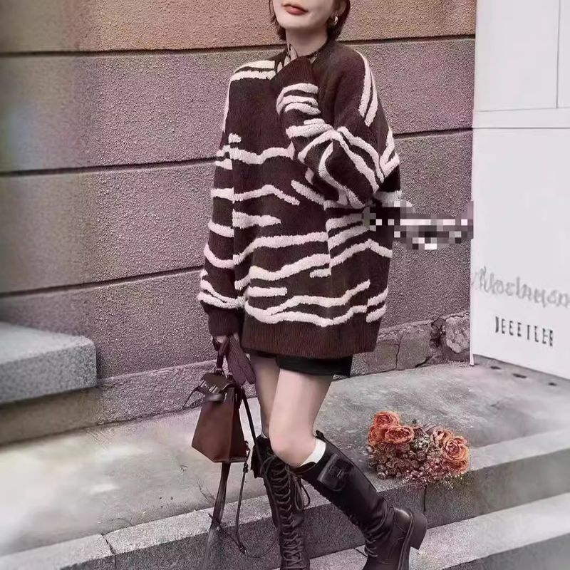 Damen Winterkleidung Rundhalspullover Zebrastreifenpullover Lockere Passform für Damenoberbekleidung_voghion.com