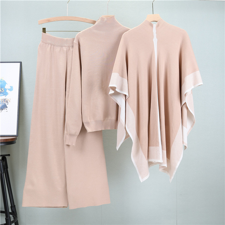 shawl knitted sweater loose wide-leg pants three-piece suit casual coat sweater suit female autumn_voghion.com