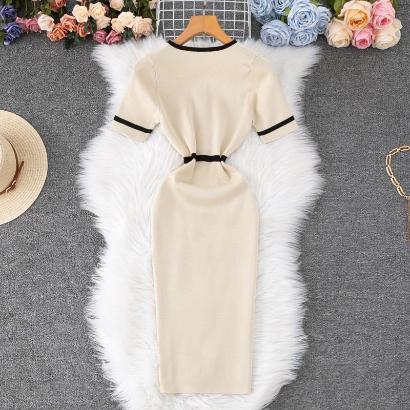 Elegante abito in maglia da donna con scollo a V e vita alta, abito midi aderente a righe casual estivo da ufficio_voghion.com