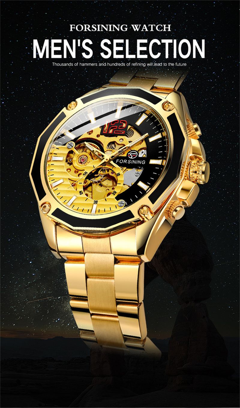 Forsining 1030A Classic Series Golden Top Brand Steel Mens Skeleton Man Wrist Watch Mechanical Luxury Fashion Automatic Watches_voghion.com
