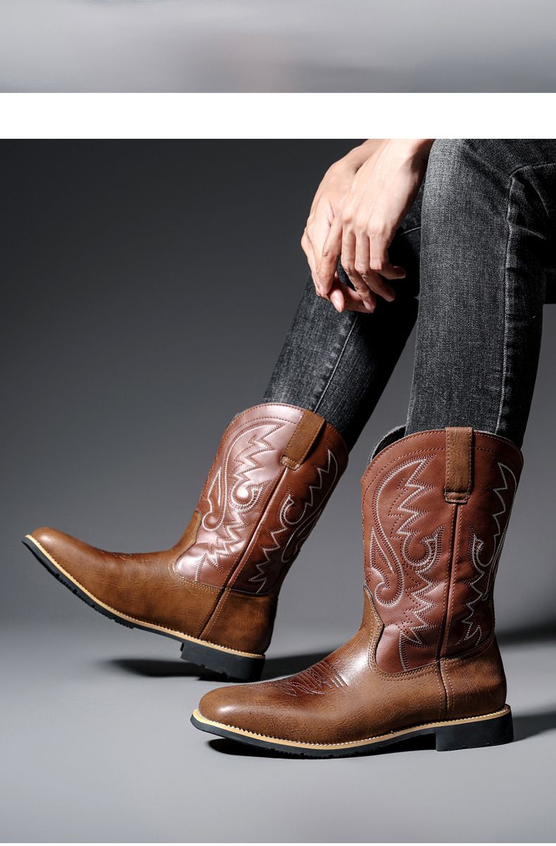 Amekaji Herren-Reitstiefel mit hoher Röhre, bestickt, Western-Cowboy, trendig, für Motorradfahrer, quadratische Zehenpartie_voghion.com