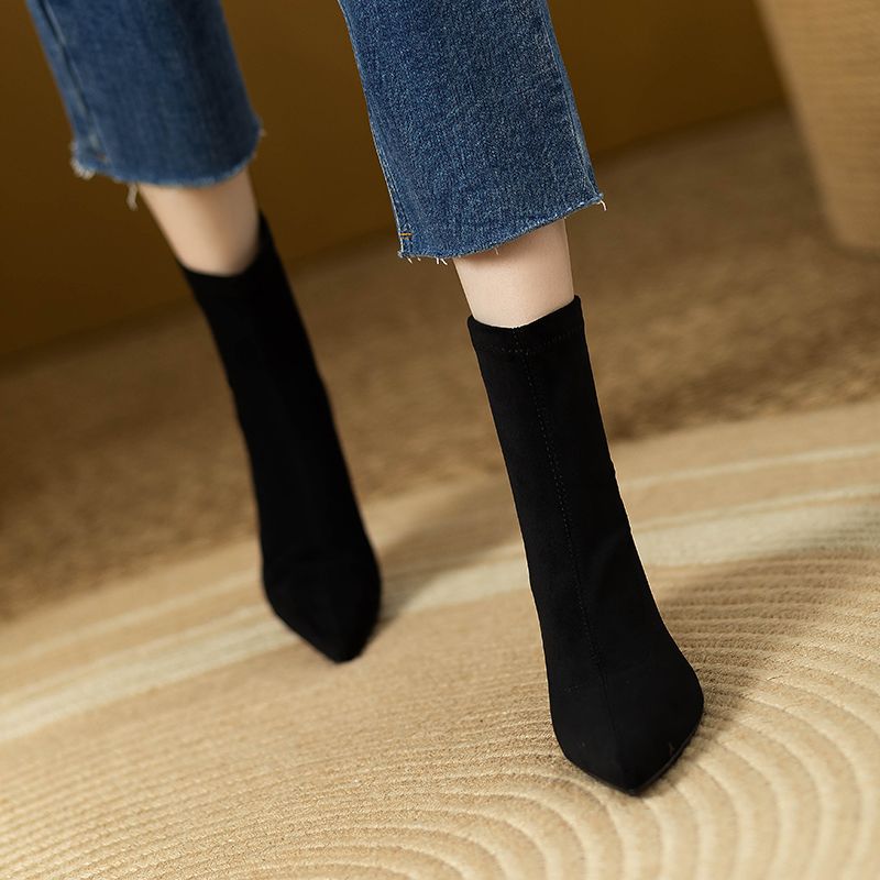 2023 French Style Kitten Heel Booties Women's New Suede Pointed Toe Stretch Thin Work Clothing Stiletto Mid-Heel Ankle_voghion.com