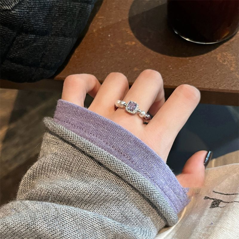 Zircon Pearl Square Elastic French Elegant Fashionable Temperament Index Finger Light Luxury High-end Feel Ring_voghion.com