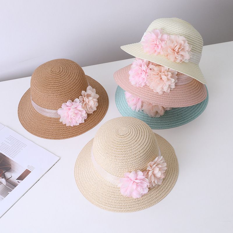 Cappello da spiaggia estivo per bambini, con paglia, per genitori e bambini, con protezione solare, con fiori carini, piccolo sacchetto fresco_voghion.com