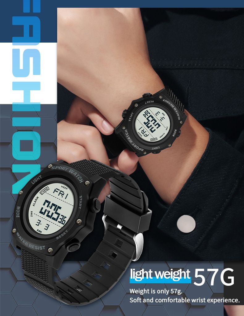 Montre de sport numérique multifonction, étanche, rétroéclairage LED, alarme et chronomètre, design unisexe pour un usage quotidien. Montre électronique étanche._voghion.com