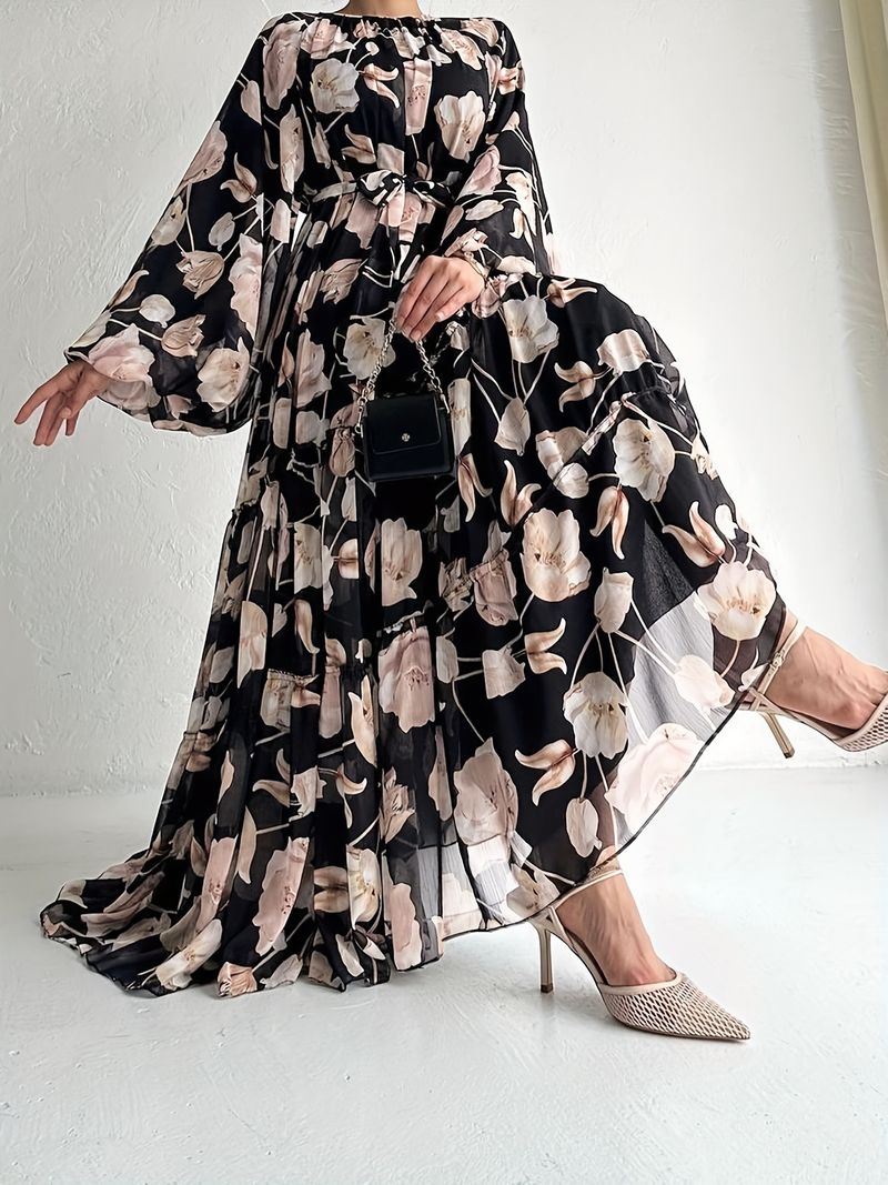 Damkläder Mellanöstern Muslimska damkläder nya chiffongblommortryck lång moderiktig och elegant klänning_voghion.com