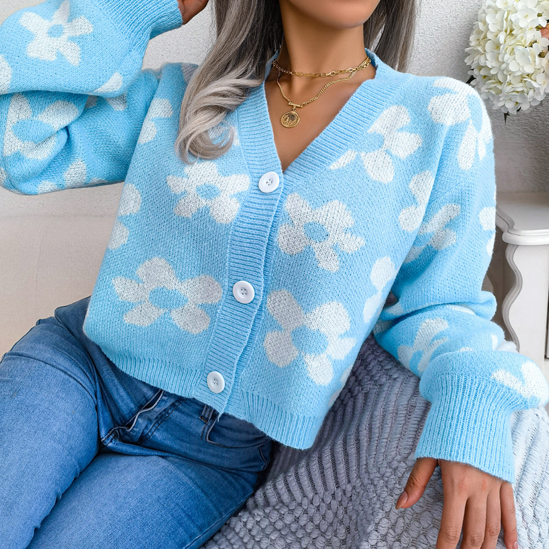 Internet-Promi-Stil Herbst-Winter-Mode Color-Block Floral Laterne Ärmel Strickjacke Pullover Mantel Damenbekleidung_voghion.com