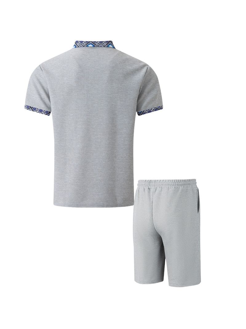Herren-Set aus Waffelstrick-Kurzarmhemd und Shorts – Reverskragen mit Reißverschlussdetail, einfarbiges Freizeitoutfit_voghion.com