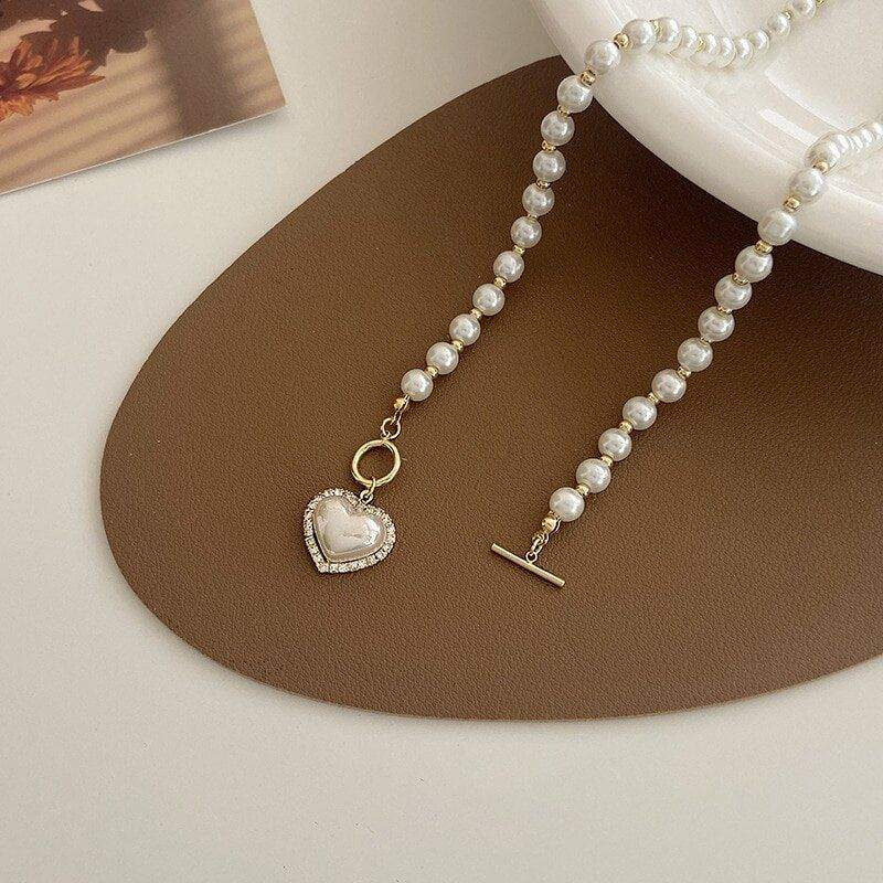 Valkoinen jäljitelmähelmi helmi naisten kristalli kivi sydän riipus söpö tyttö korut kaulakoru Collier Femme_voghion.com