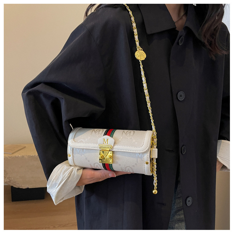 Advanced Women's Small Bag French Chain Shoulder Bag Versatile Spliced Leather Crossbody Cylinder Bag_voghion.com