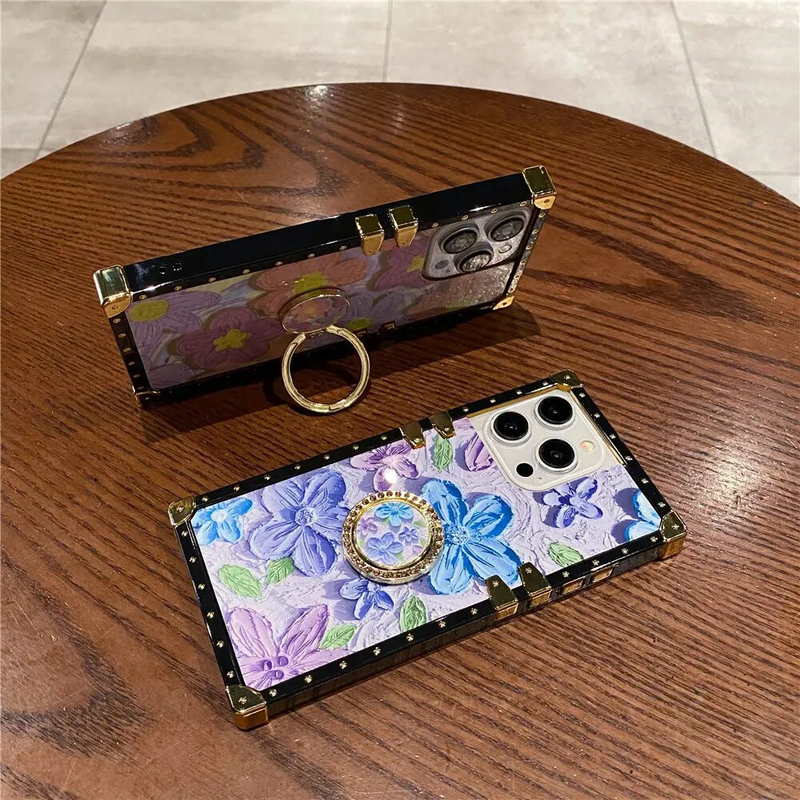 Ring Bracket Painting Flower Case For Honor 90 80 70 60 50 30 20 Pro 80SE 60SE 50SE 9X 8X 20I 10I Square Plating Cover_voghion.com