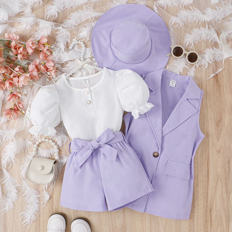 2024-es nyári buborékos ujjú felső + egyszínű rövidnadrág + ujjatlan kabát + sapka lányka szett_voghion.com