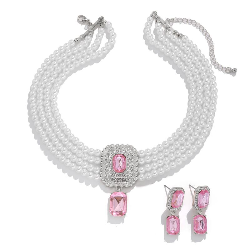 Retro square full diamond gem pearl choker necklace temperament French multi layer necklace_voghion.com