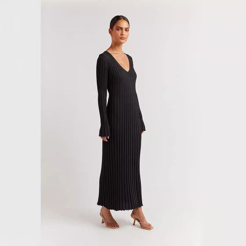 Frühling/Sommer, neues lässiges, tailliertes, V-Ausschnitt-Strickkleid mit schmalen Streifen für Damen_voghion.com