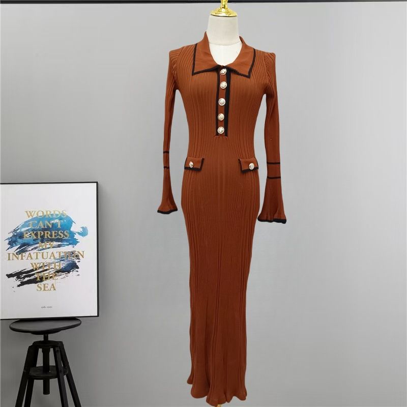 Inspired Strickkleid mit Babydoll-Kragen – X-Linien-Langarmkleid für Damen mit ausgestelltem Saum und Knopfdetail (S-XL, einfarbig, hohe Taille)_voghion.com