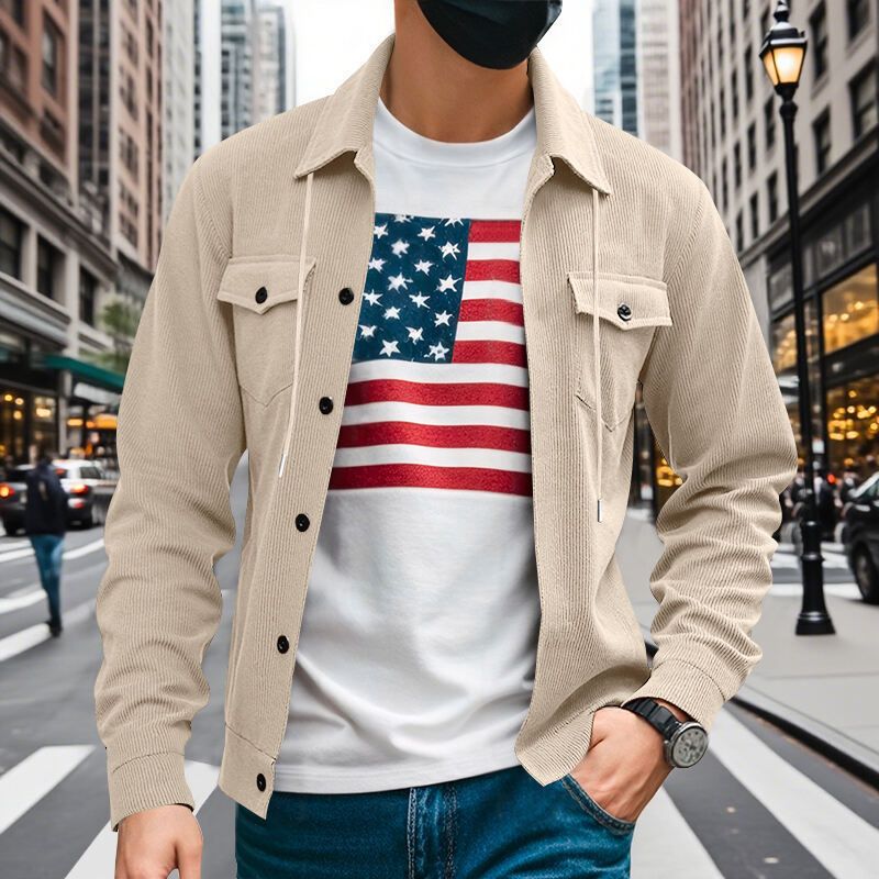 Autumn American Heavy Corduroy New Simple Versatile Multi Pocket Long Sleeved Stand Up Collar Jacket Men's Clothing_voghion.com
