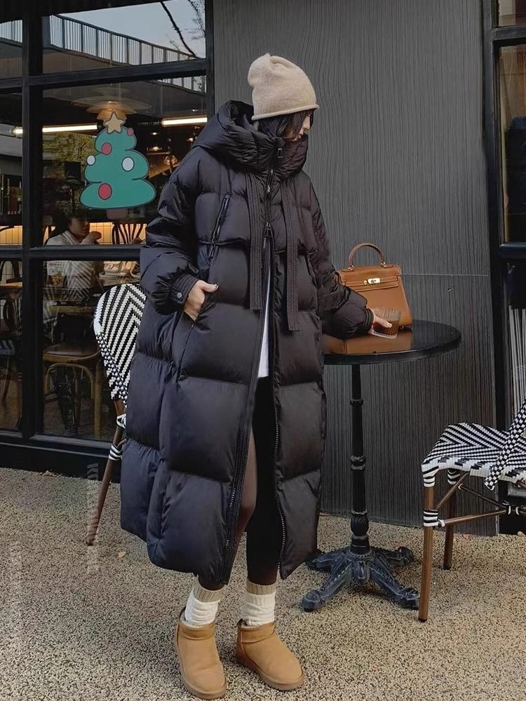 Women's Long Padded Down Coat With Hood, Oversized Winter Jacket, Warm Thick Polyester Parka For Cold Weather (White, Black, Brown, Khaki)_voghion.com