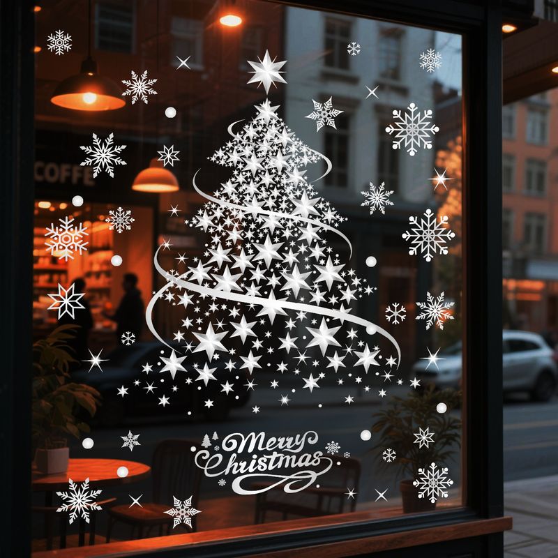 Statische Weihnachtsbaum-Fensteraufkleber – 2er-Set wiederverwendbare Weihnachtsaufkleber (35 x 50 cm) für Glastüren, Heim- und Bürodekoration (Gold/Silber)_voghion.com