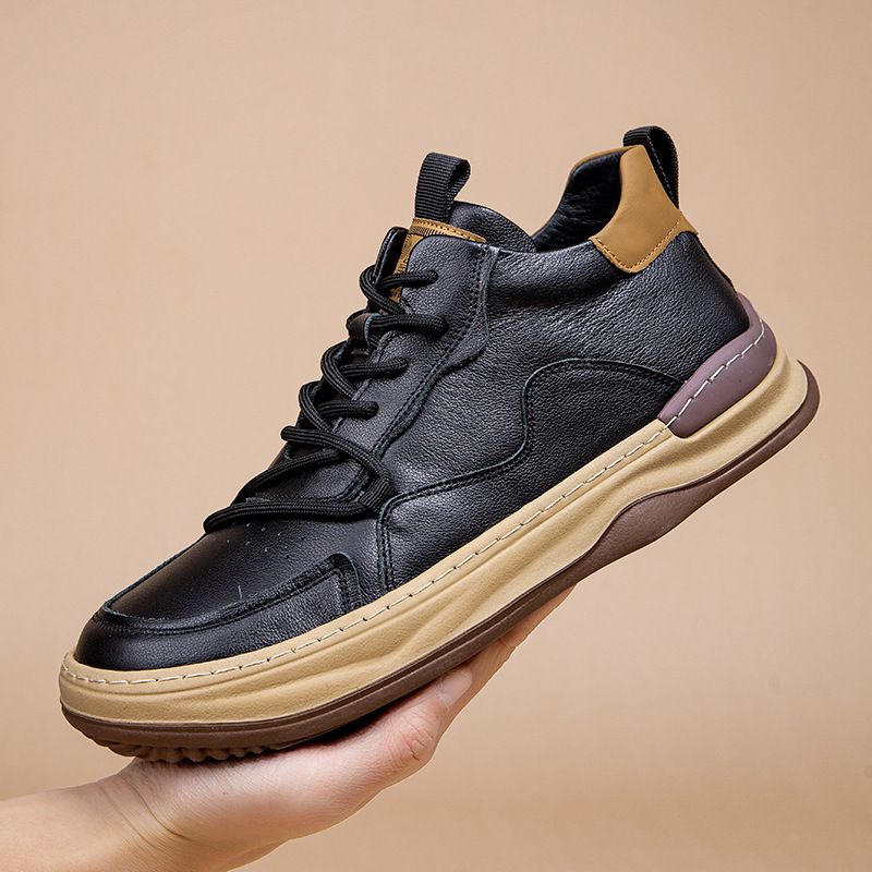 Oberschicht-Sneaker aus Rindsleder mit hoher Oberseite, warm, für den Winter, Baumwolle, mit Fleece gefüttert, dickbesohlte Sport- und Freizeitschuhe für Herren_voghion.com