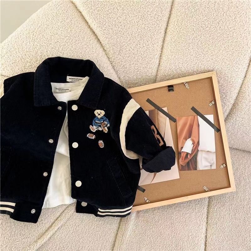 Chaqueta de béisbol para niño (primavera y otoño 2024), de pana, con cuello cuadrado, para niños pequeños y medianos, elegante chaqueta de color contrastante._voghion.com