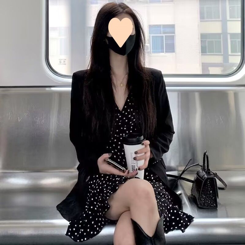 Nuovo abito nero con spalline a pois francesi da donna, elegante e di alta qualità, per la primavera e l'autunno_voghion.com