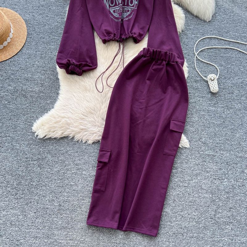 Trendy Women's Casual Two-Piece Set - Printed Long Sleeve Hoodie With Drawstring Waist & High-Waist A-Line Skirt (Fall Outfit, Streetwear)_voghion.com