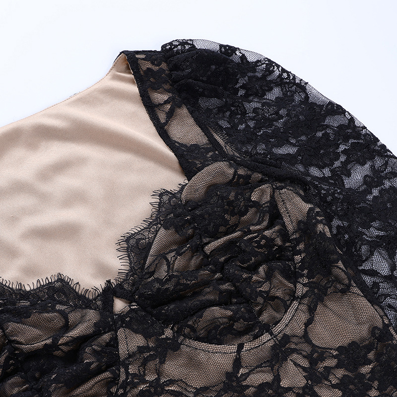 Women's breast cup lace long sleeve top fashionable sexy black Fanny pack body V-neck T-shirt_voghion.com