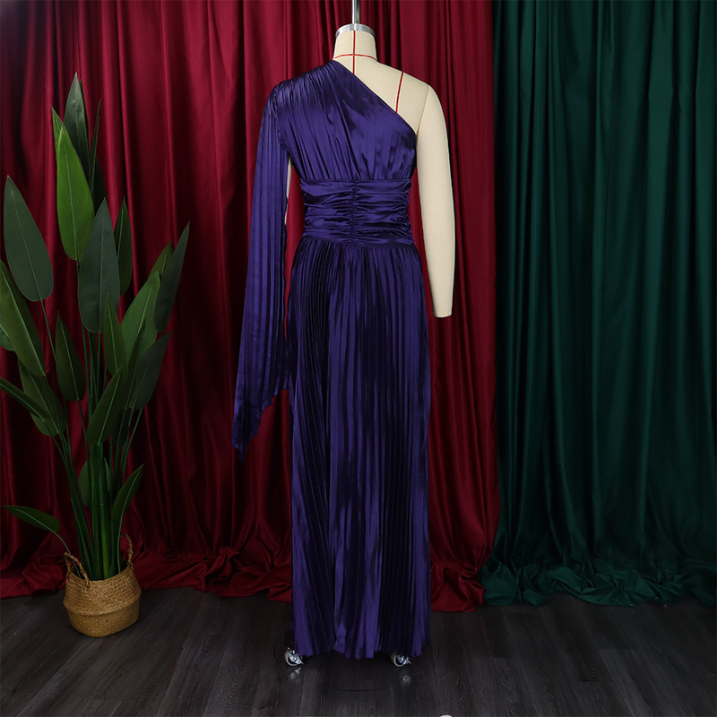 women's clothing new one-shoulder pleated long skirt oblique collar waist dress _voghion.com