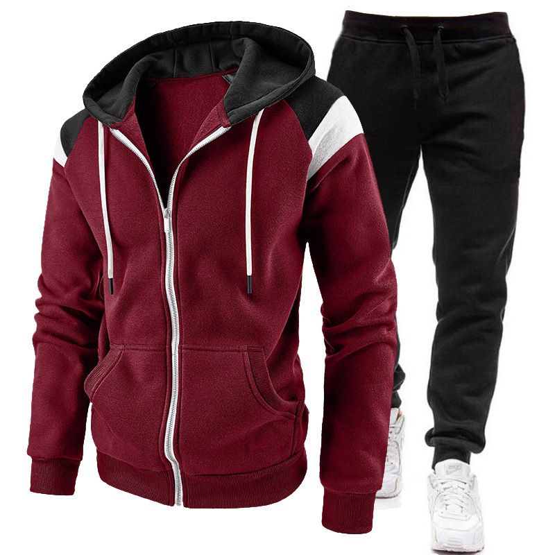 Nueva sudadera con capucha, suéter, pantalones, conjunto deportivo informal de felpa para otoño e invierno con cremallera a juego de colores para hombres_voghion.com