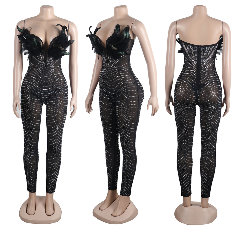 sexy feather hot rhinestones slim fit hip covering sleeveless jumpsuit_voghion.com