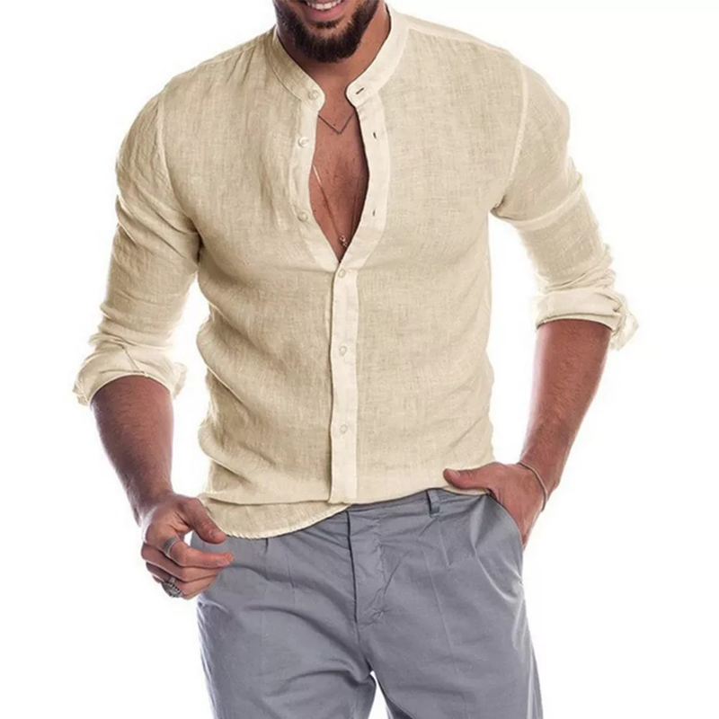 Cotton Linen Hot Sale Men's Long-Sleeved Shirts Summer Solid Color Stand-Up Collar Casual Beach Style Plus Size_voghion.com