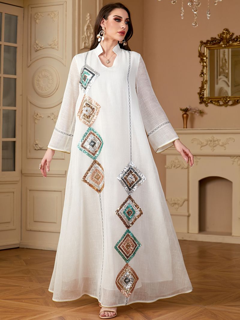 Women's Clothing Muslim Middle East Sleeved Abaya Sequined Long Skirt Saudi Arabia Dubai Dress_voghion.com