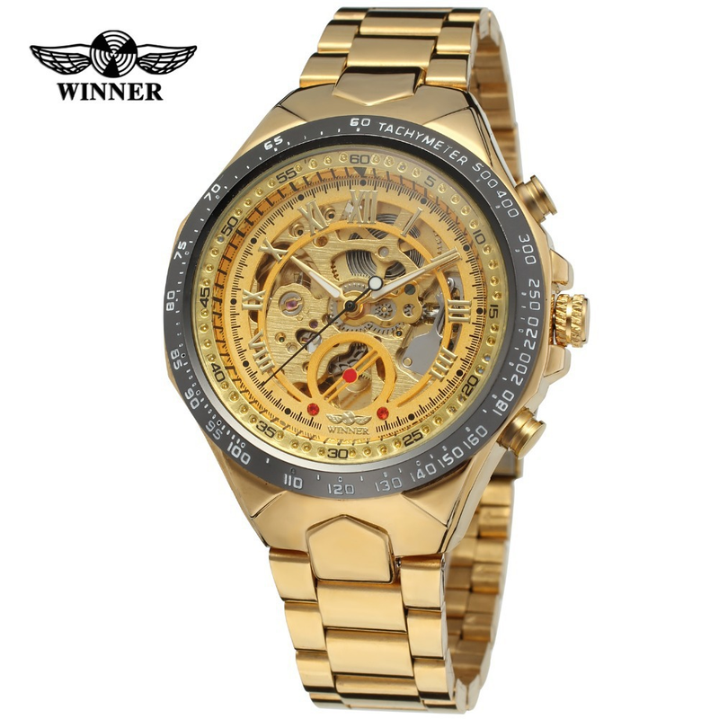 Men's Premium Gold-Toned Skeleton Automatic Mechanical Watch With Stainless Steel Band - 44mm Round Dial, Mineral Glass, Fold-Over Clasp Mechanical_voghion.com